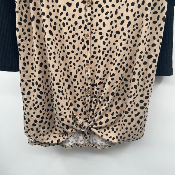 REB. in J. Womens Button Up Top Tie Hem Tan/Black Spotted Size XL New - Picture 3 of 9